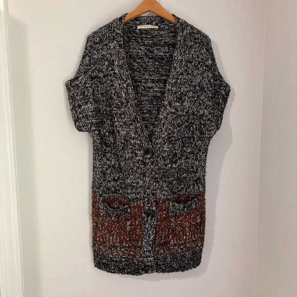 Trina Turk Women Plus XL Long Cardigan Sweater Short Sleeve Pockets Black White - Picture 1 of 16